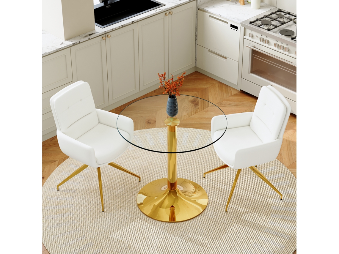 Mesa Vidro 85cm 2 Cadeiras Giratórias 360° Pu Branco Dourado