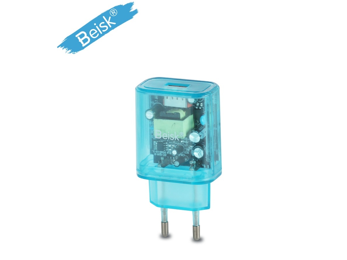 Beisk Transparente Shell Eu Plug Carregador Rápido, Azul / 1piece, Adaptador De Alimentação Portátil De Porta Usb Única