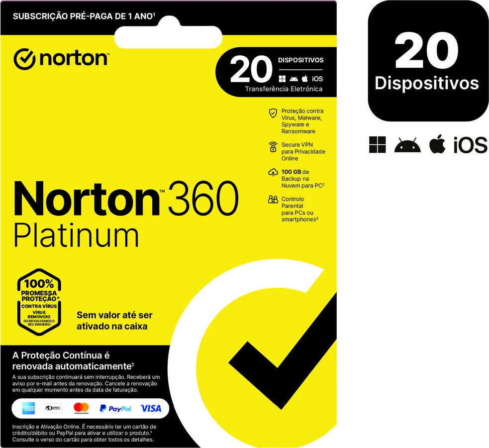 Software NORTON 360 Platinum (20 Dispositivos - 1 ano - Smartphone, PC e Tablet - Formato Digital)