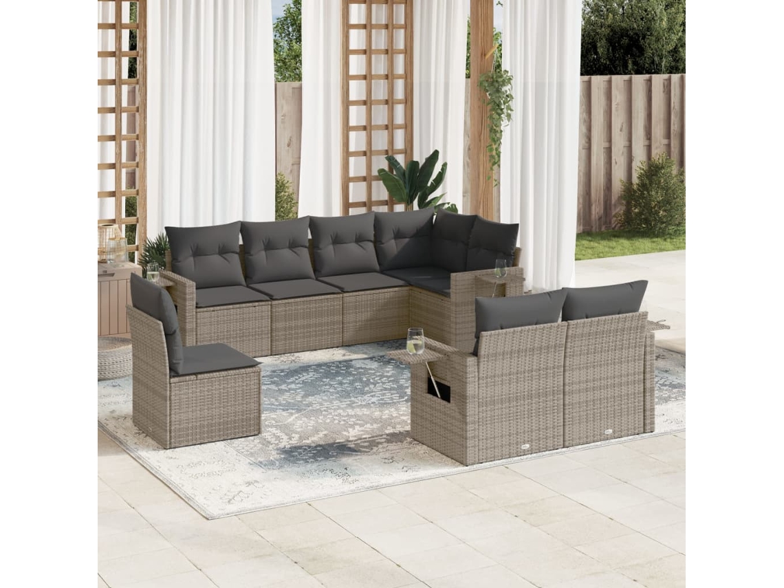 Vidaxl 8 Pcs Conjunto Sofás De Jardim C/ Almofadões Vime Pe Cinzento