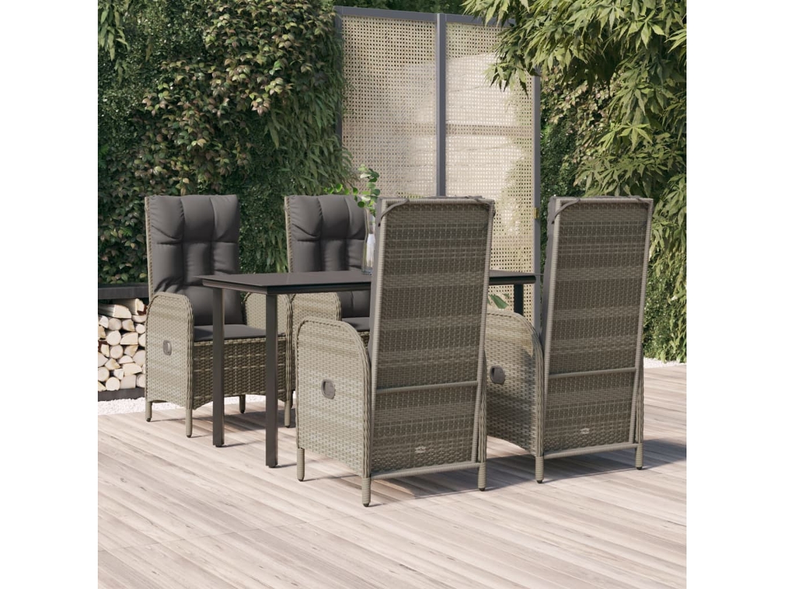 Vidaxl 5 Pcs Conjunto Jantar Jardim C/ Almofadões Vime Pe Preto/cinza