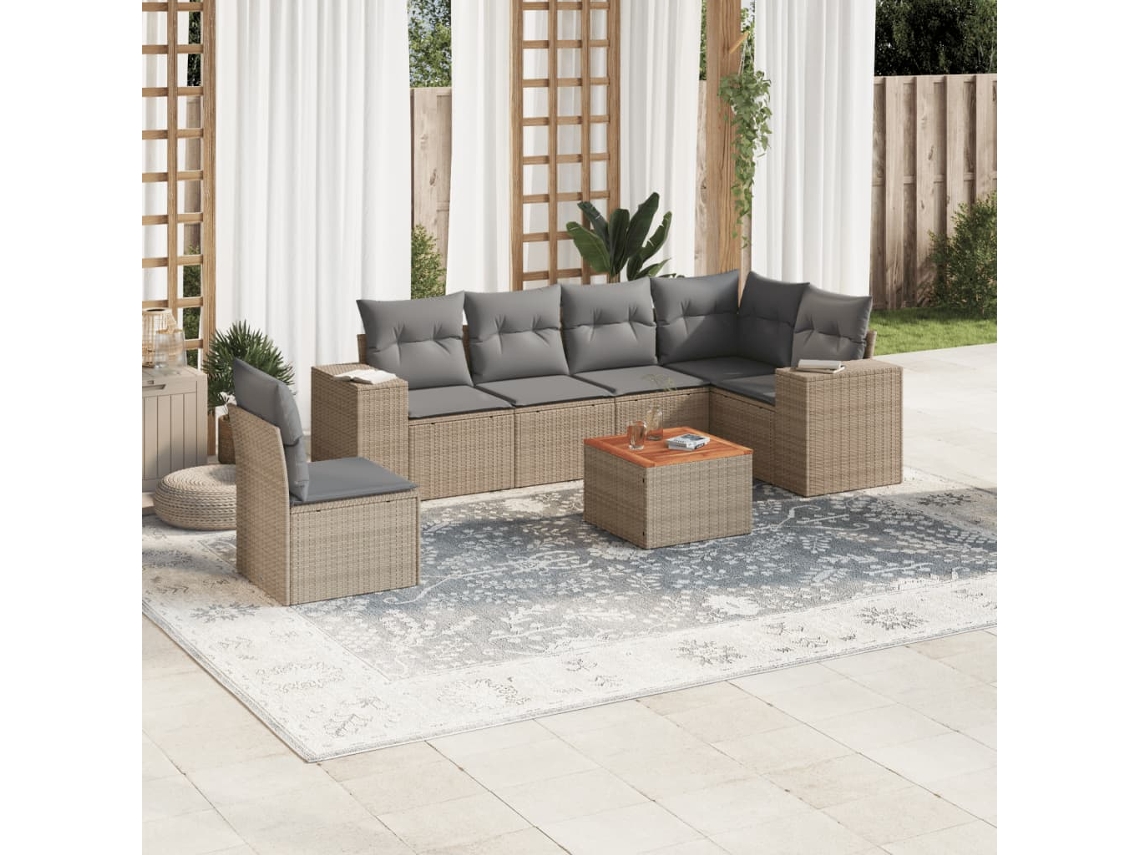 Vidaxl 7 Pcs Conjunto De Sofás P/ Jardim Com Almofadões Vime Pe Bege