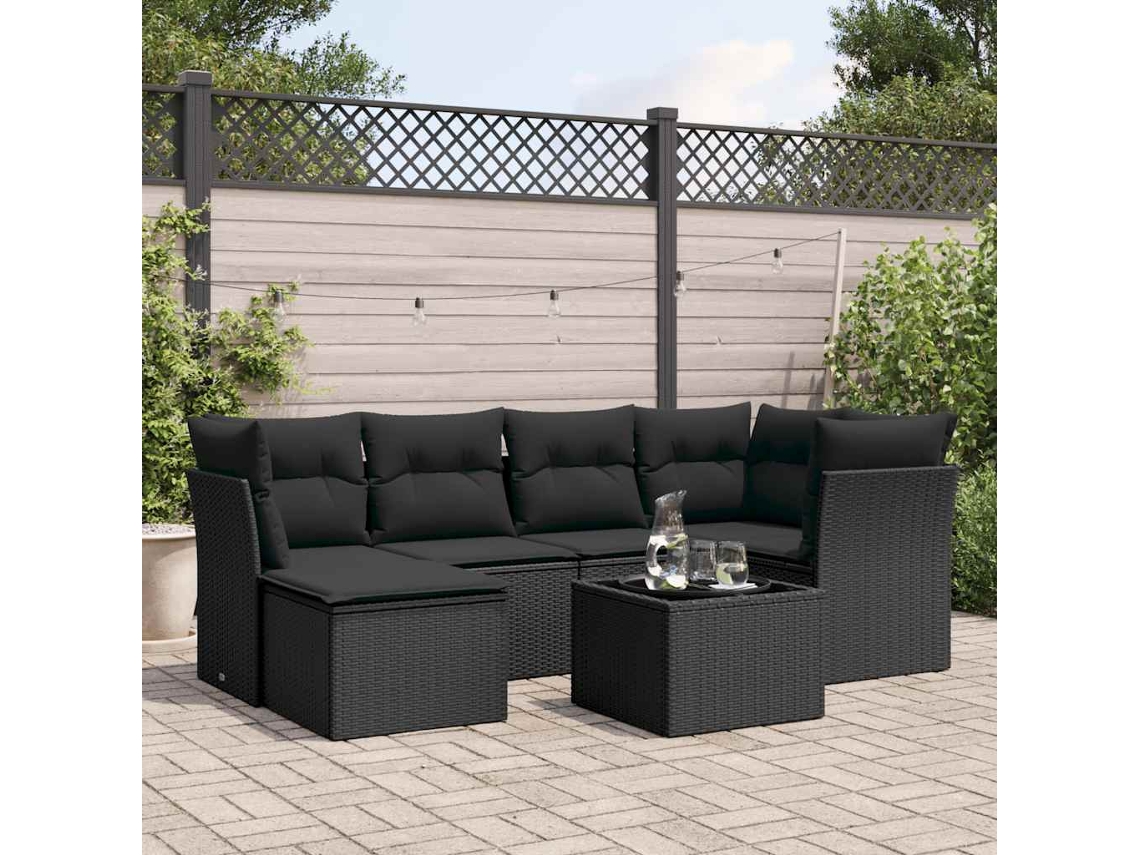 Vidaxl 7 Pcs Conjunto De Sofás P/ Jardim C/ Almofadões Vime Pe Preto