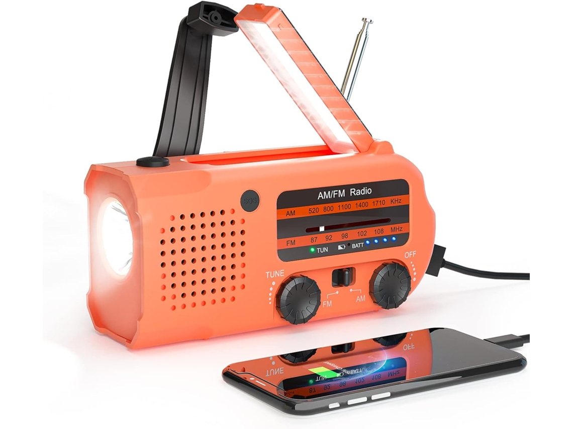 Rádio Solar AM/FM com Manivela, Bateria 5000mah, Carregador Portátil, Emergências, Caminhadas, Laranja AQUAFORGE