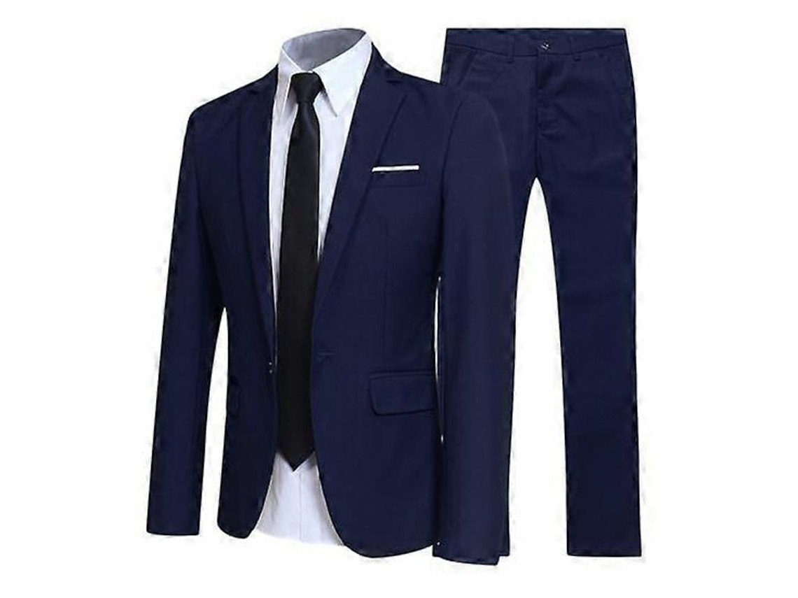 Traje Masculino Slim Fit Formal Manga Longa Gola De Botão Com Calça - Inverno/outono - Poliéster Azul Marinho