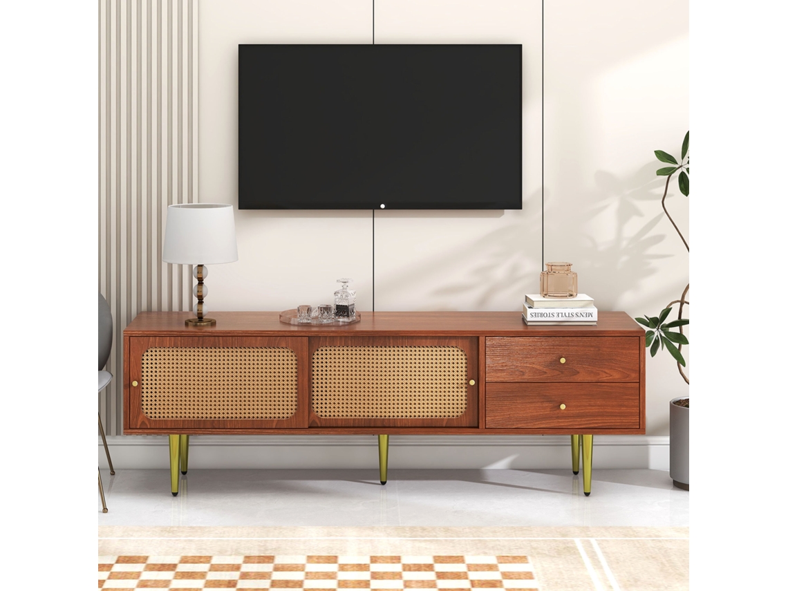 Móvel Para Tv 160 Cm 2 Portas Deslizantes Em Rattan E 2 Gavetas Castanho Estilo