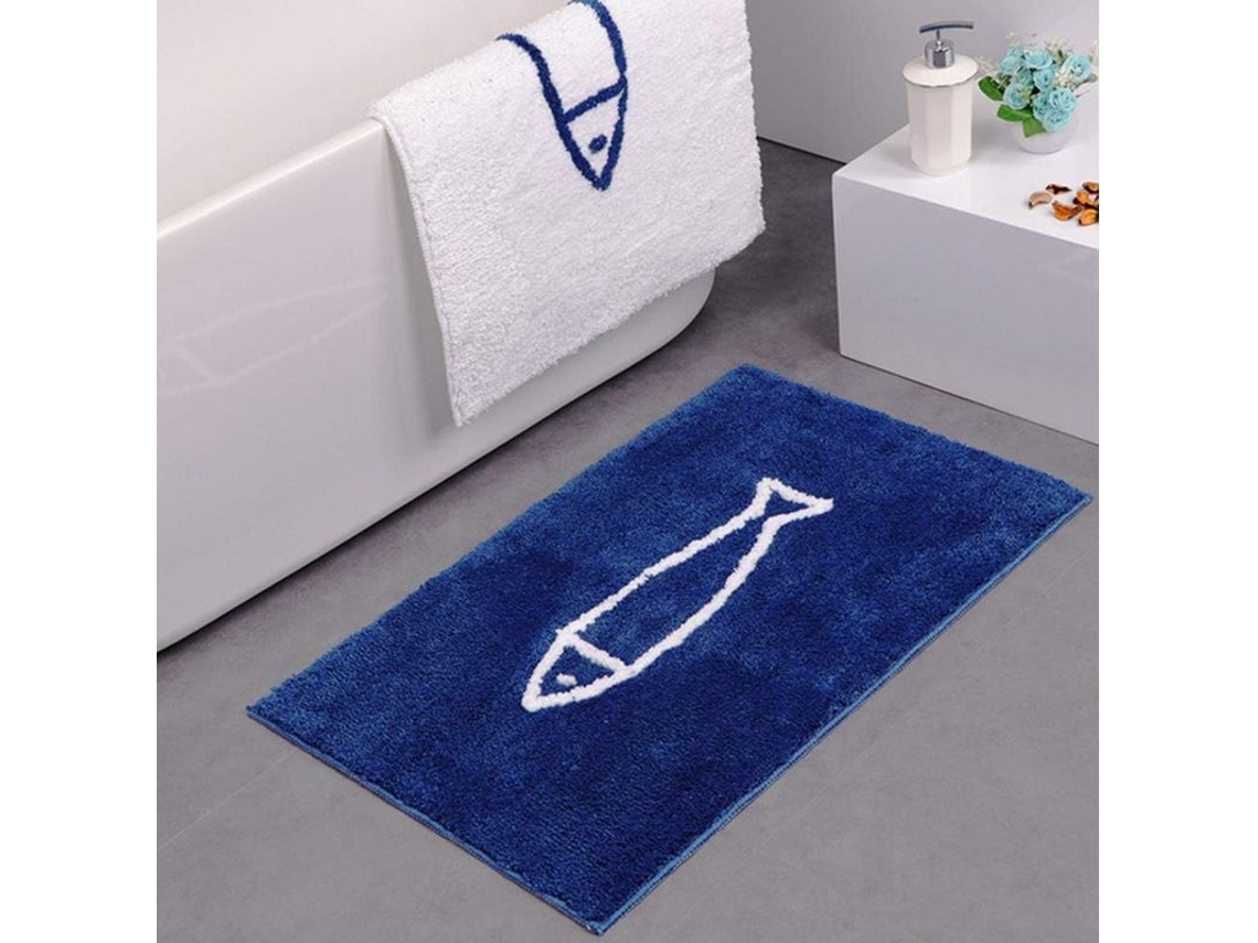 2026 tapete Antideslizante de Baño Linjou, Azul e Branco, Padrão de Peixes, Secagem Rápida, 50x80 Cm 50 X 80 Cm Azul