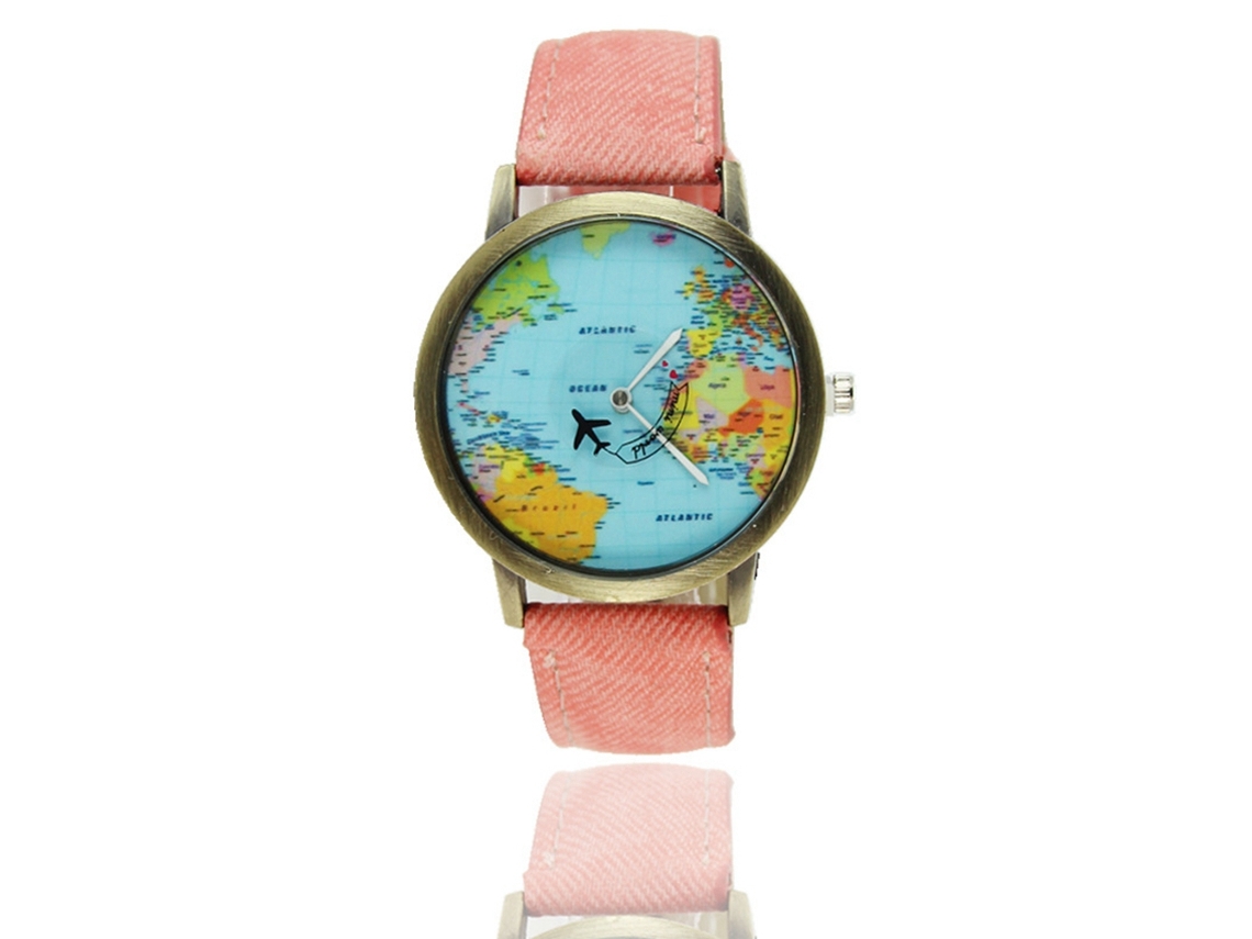Reloj De Pulsera Unisex Con Dial Redondo Y Correa De Denim Patrón Atlas (rosa)