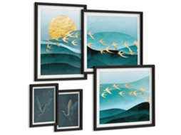 Conjunto De Pinturas Harmonia De Pássaros E Ondas Moderno Espelharte (5 Peças)