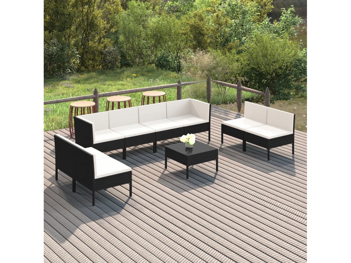 9 Pcs Conjunto Lounge De Jardim C/ Almofadões Vime Pe Preto Dkd Home Decor