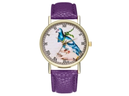Relógio feminino de quartzo simples com pulseira de couro, estampa clássica de pássaros (roxo)
