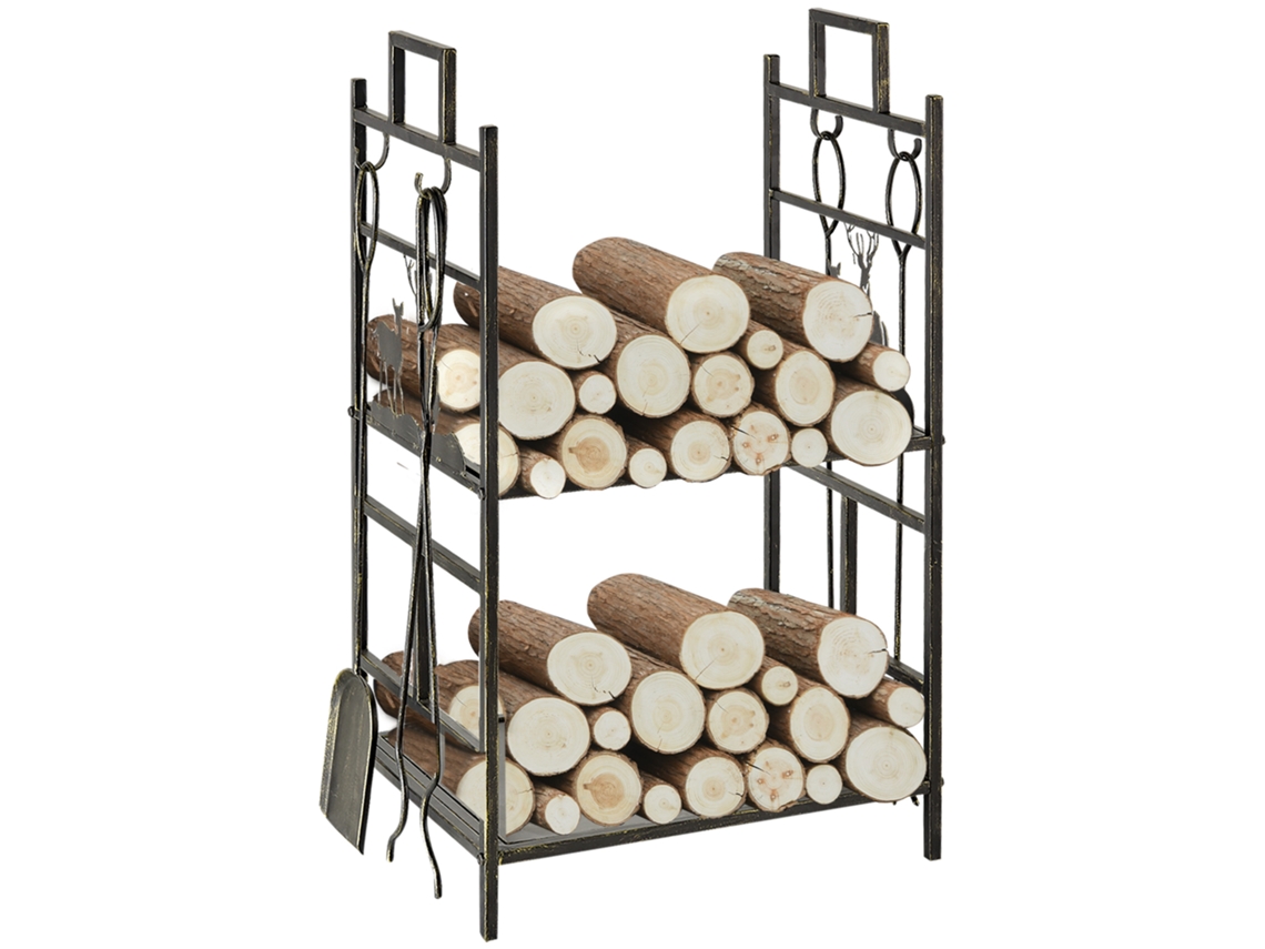 Suporte Metálico Para Madeira Com 4 Ferramentas E Alças Para Interior E Exterior 51,5x33x77 Cm Em Ouro Preto
