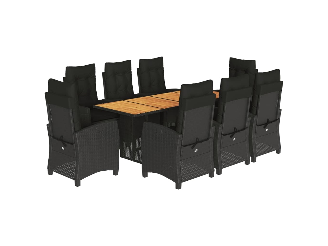 Conjunto 9 de jantar p/ jardim c/ almofadões VIDAXL vime PE preto