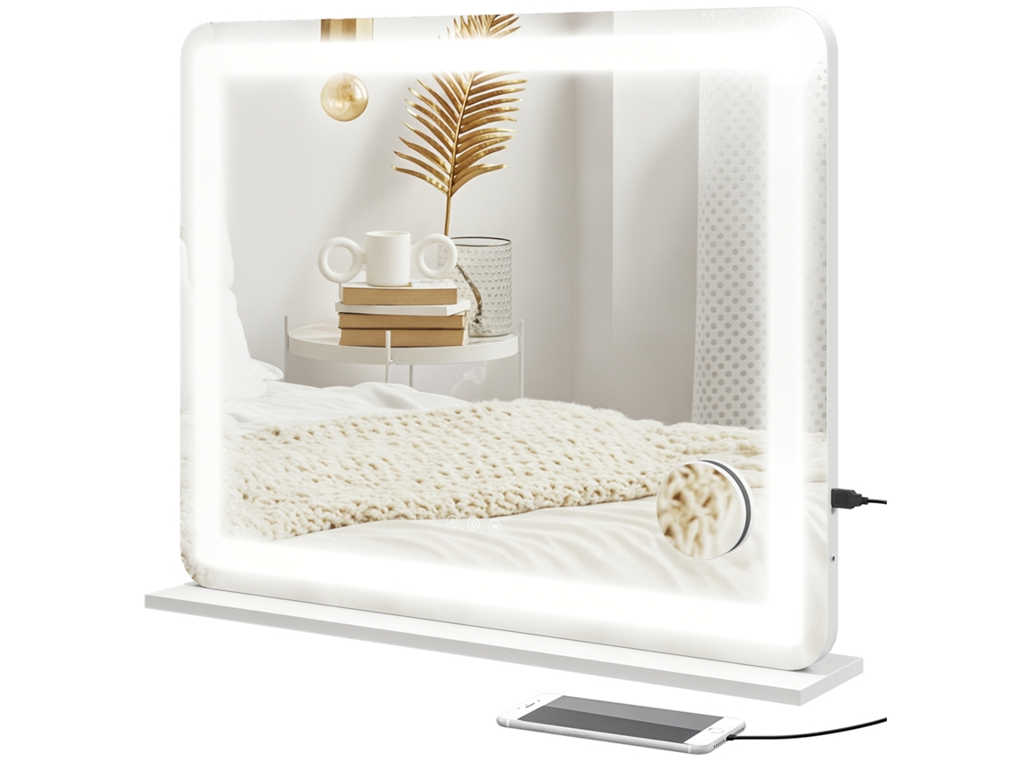Espelho com Luz de Led 3 Modos Ampliação 10x Usb 80x62 Cm