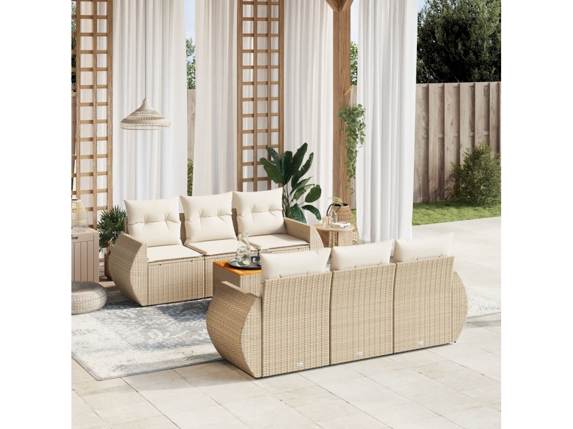 Vidaxl 7 Pcs Conjunto De Sofás P/ Jardim Com Almofadões Vime Pe Bege