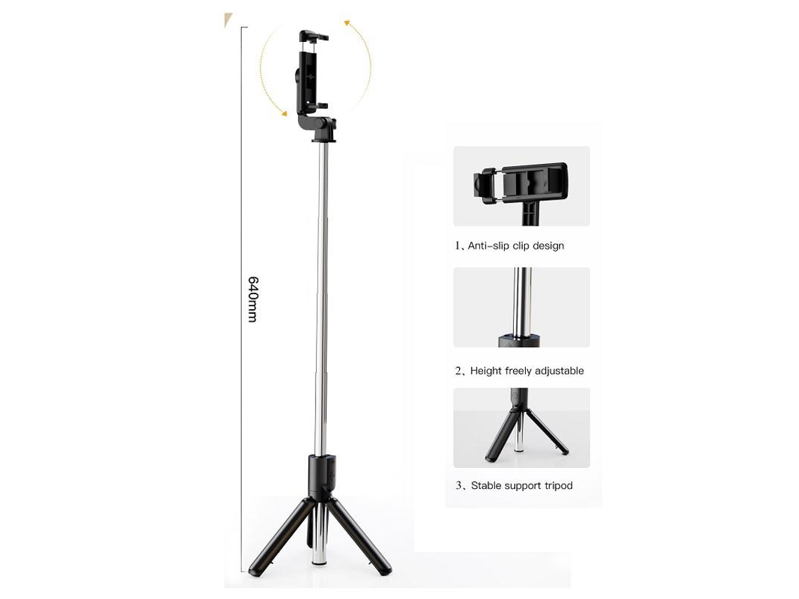 Tripé Selfie Stick / Suporte Para Celular Bluetooth Com Controle Remoto, Preto-aquaforge