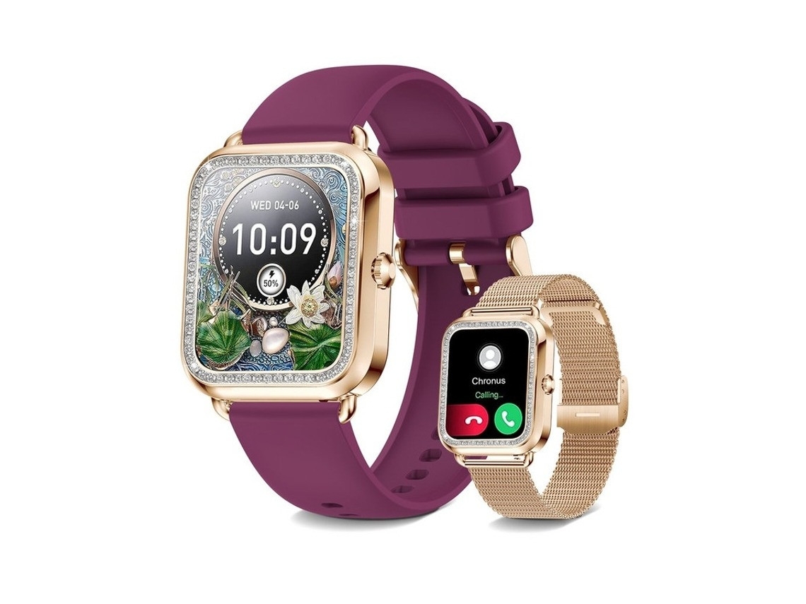 Smartwatch Feminino , 1,6 Polegadas, Bluetooth, Chamada, Discagem, Monitoramento De Saúde (pulseira Dourada + Pulseira Bordô)