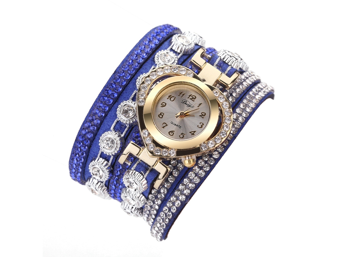 Relógio Feminino Retro de Quartzo com Camadas e Strass Coração em Liga Azul