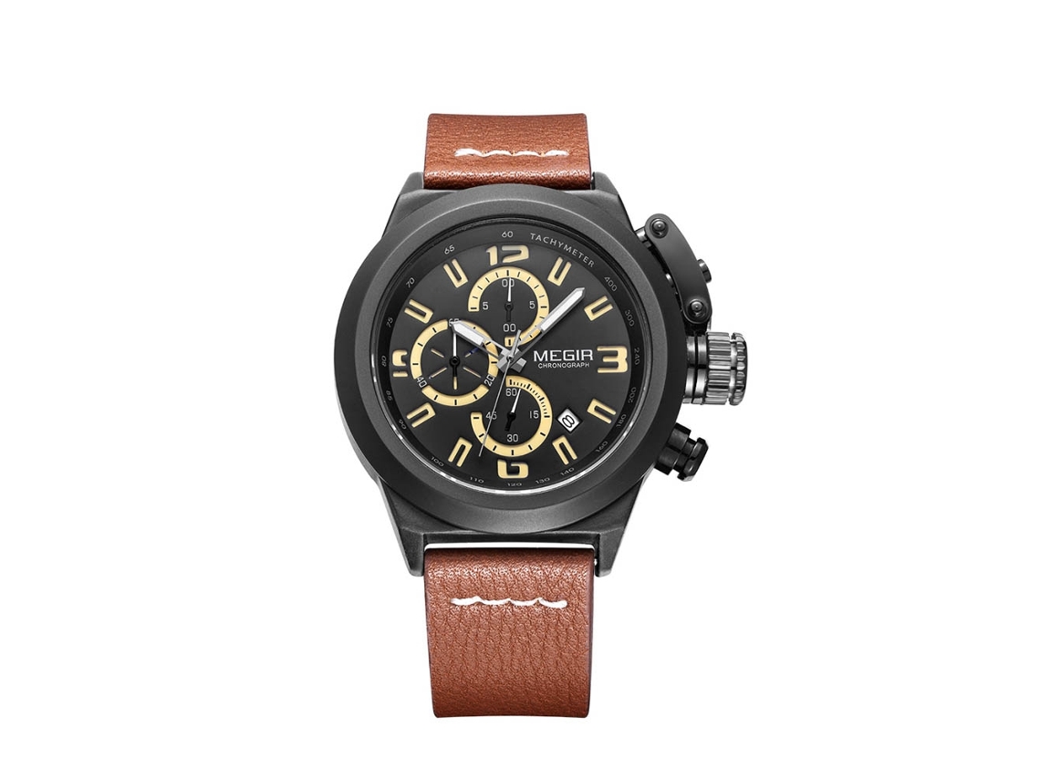 Relógio masculino Megir à prova d'água em aço com pulseira de couro ajustável - Moda