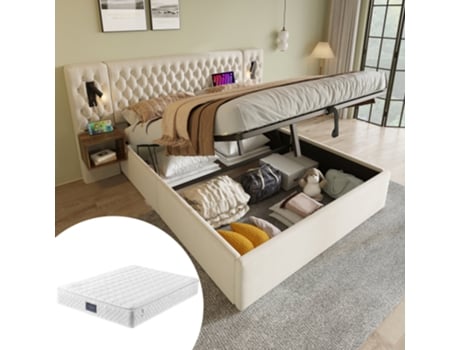 Conjunto De Cama Completo Para Quarto, Cama Estofada Com Armazenamento Hidráulico, Cama De Casal 160×200 Cm Com 2 Mesas De Cabeceira, Cabeceira Com