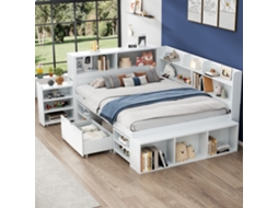Cama Infantil 135x190cm Multifunción Con Cajones Y Estantes Almacenaje Blanco