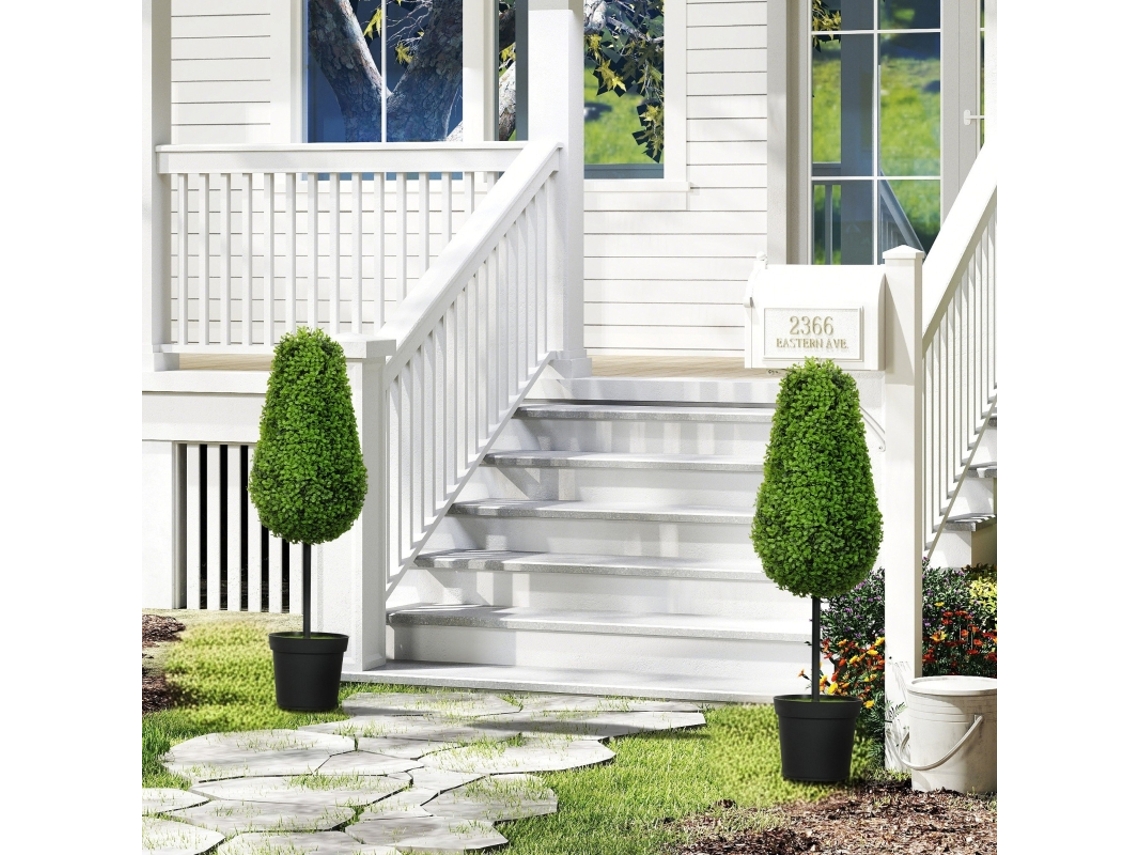 Conjunto 2 Buxus Artificiais 90cm, Forma De Lágrima, Vaso Inclusivo, Decoração Moderna Para Ambientes Internos.