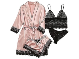 2026 conjunto de Pijama de Seda 4 Piezas Con Encaje Floral Y Batina para Mujer