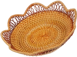 Cesto de Pão Redondo em Rattan Trançado com 28 Cm Diâmetro e Acabamento Renda, Ideal CHABERLU
