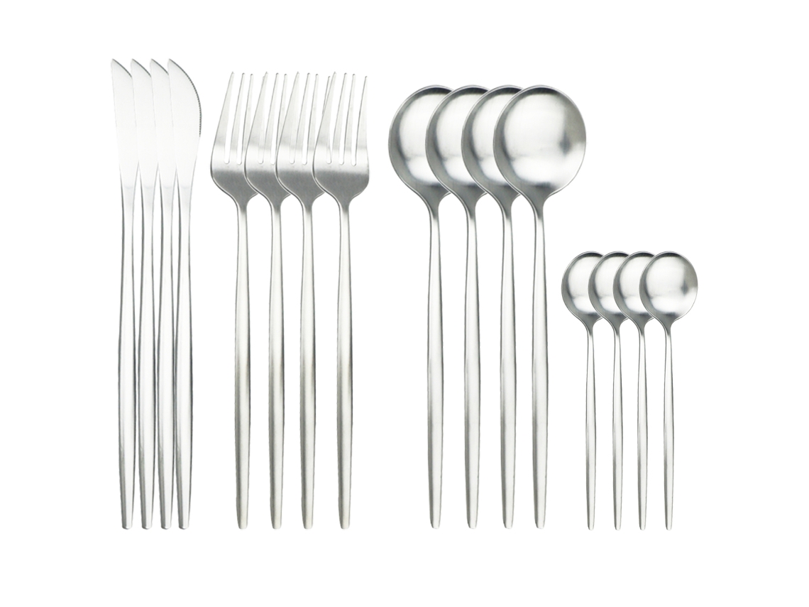 Conjunto de Talheres de 16 Peças em Aço Inoxidável e Vidro , Incluindo Faca, Colher, Garfo e Guardanapo. MDUG (prateado)
