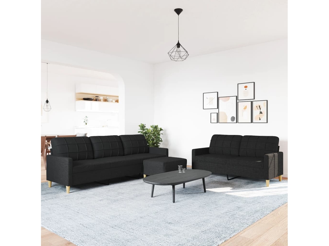 3 Pcs Conjunto de Sofás com Apoio para Pés Tecido Preto SYFAX