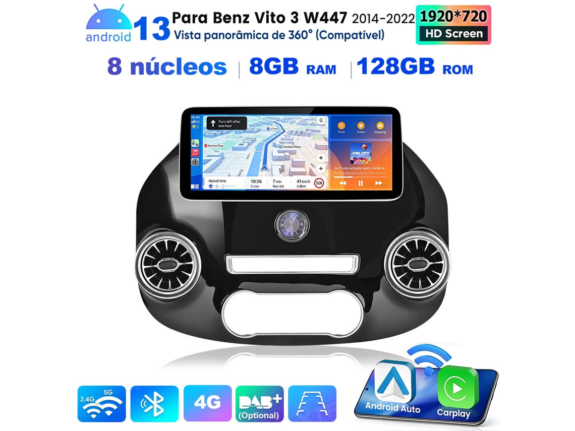 Rádio Carro Hexinex 12.3" Para Mercedes Benz Vito W447 2014-2022, 8gb+128gb Android 13 8 Núcleos Carplay Suporte A Câmara 360°
