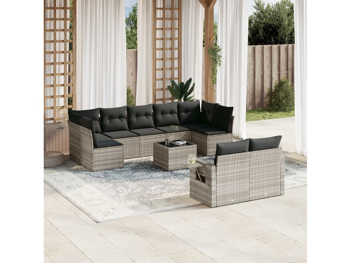 10 Pcs Conj. Sofás Jardim Com Almofadões Vime Pe Cinza Claro Dkd Home Decor