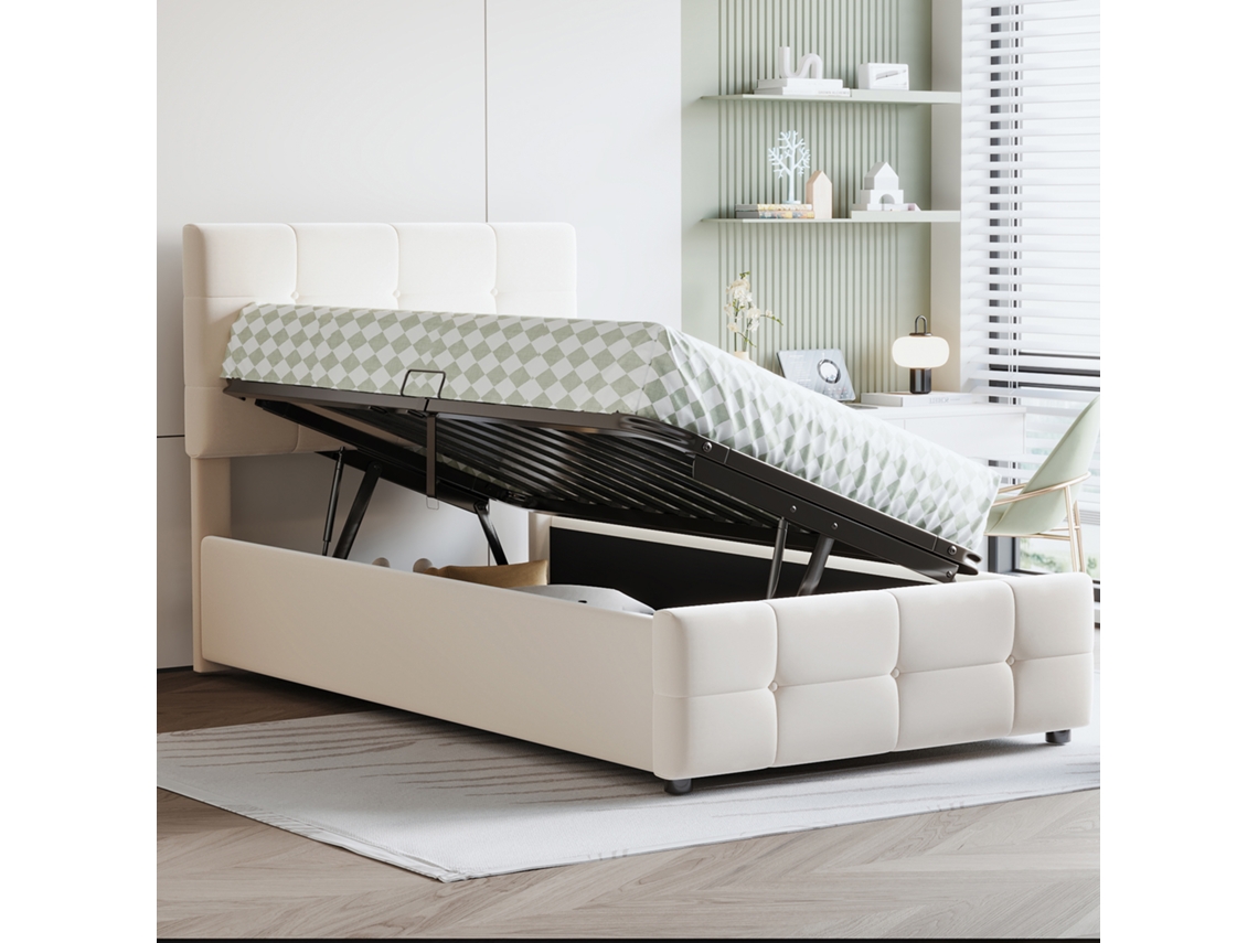 Cama infantil com arrumação, 90x200 Cm, hidráulica, estofada em veludo, cabeceira ajustável, bege VSOGA