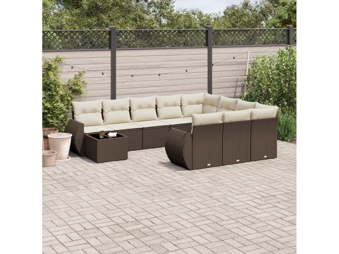 Vidaxl 11 Pcs Conjunto Sofás De Jardim C/ Almofadões Vime Pe Castanho