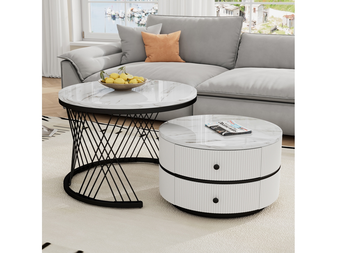 Conjunto De 2 Mesas Empilháveis 2 Gavetas Tampo Com Padrão De Mármore Branco E Preto Estilo