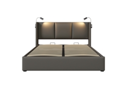 Cama de Casal Estofada com Baú e Luz de Leitura,estrutura em Pu,160x200,ideal para Jovens com Colchão Incluído PAPRIKA