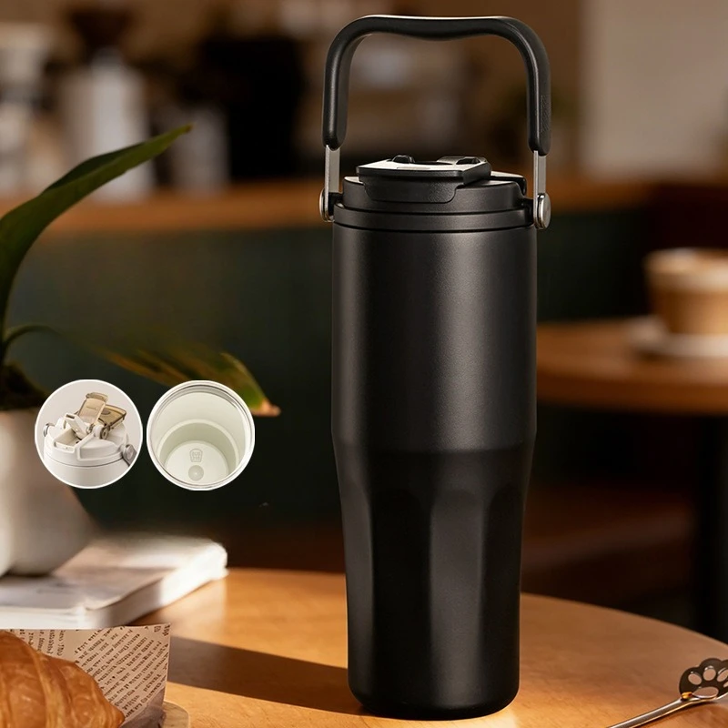 (preta, 800ml) Caneca Térmica Com Revestimento Cerâmico, Canudo, Grande Capacidade, À Prova De Vazamentos, Alça Removível E Infusor De Chá.