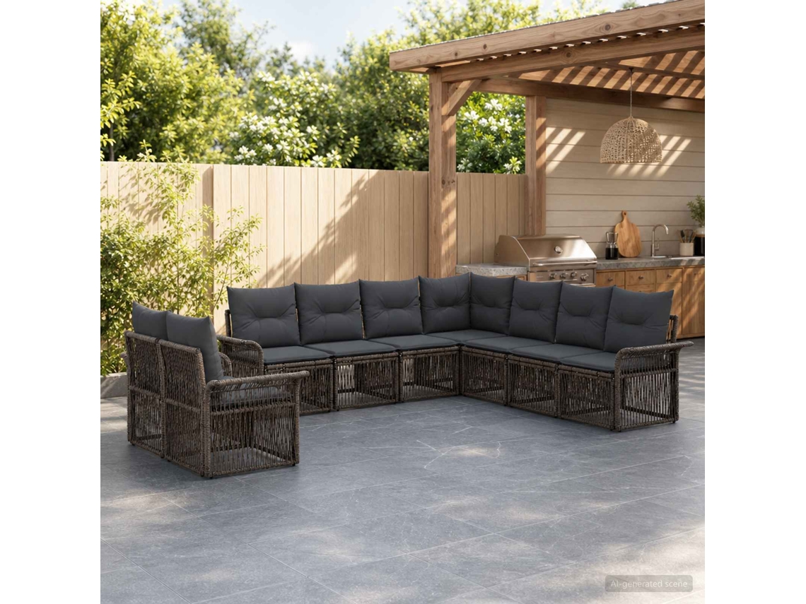 Vidaxl Conjunto De Sofá De Jardim 9 Pcs Cinzento Vime Pe