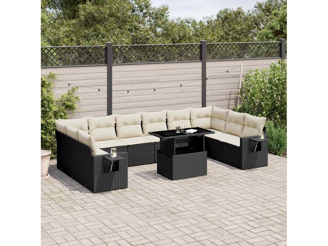 11 Pcs Conjunto Sofás De Jardim C/ Almofadões Vime Pe Preto Dkd Home Decor