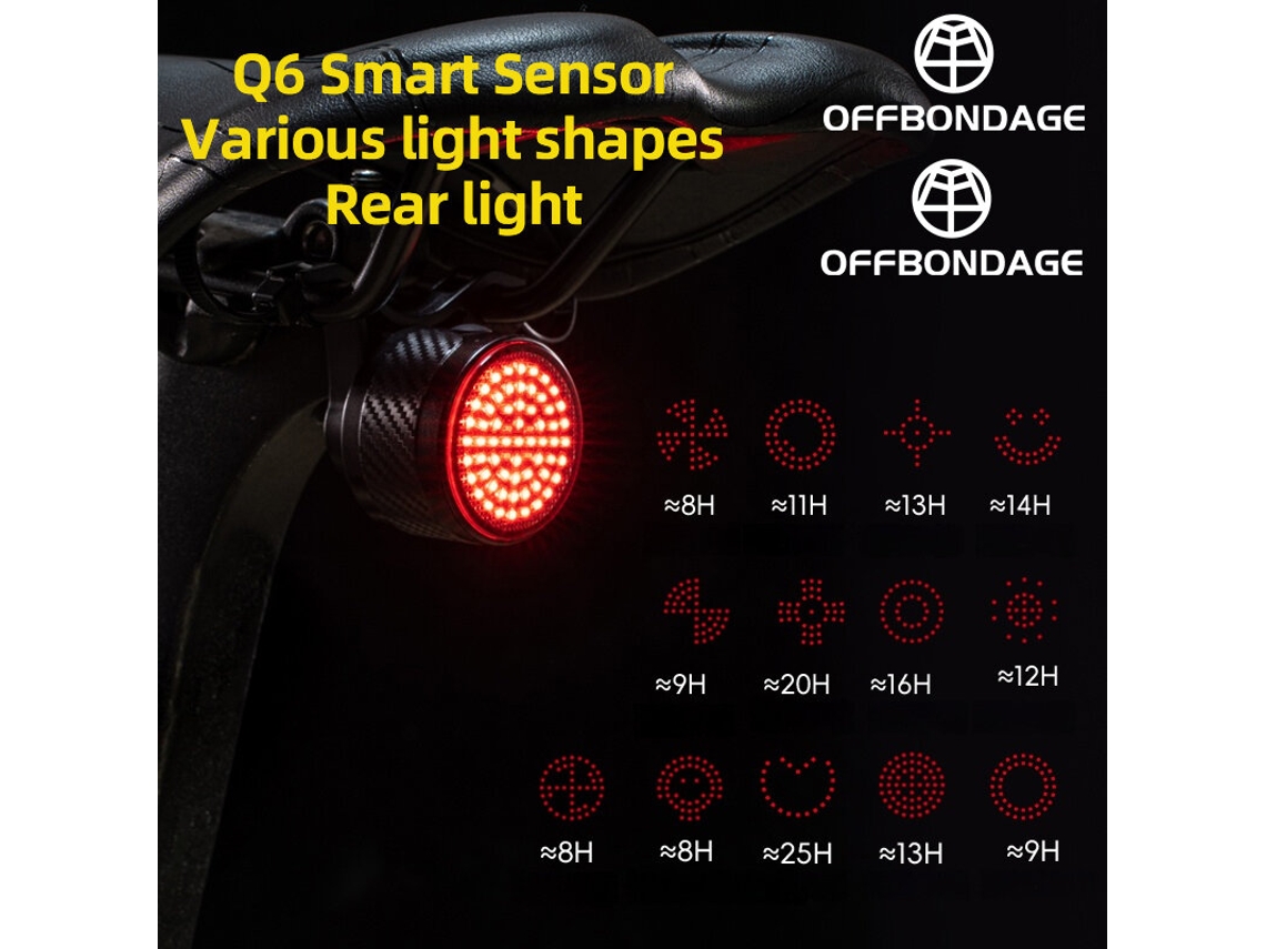 Offbondage Ats-q6 Lanterna Traseira Inteligente Sensor Freio Automático 13 Modos Usb-c Ip Ciclismo Estrada Mountain Bike Noturno