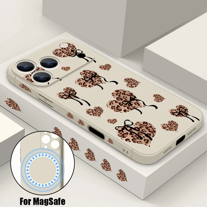 Capa Protetora Magnética Branca Para Iphone 17, Estampa De Leopardo Com Laço De Coração Em Tpu.