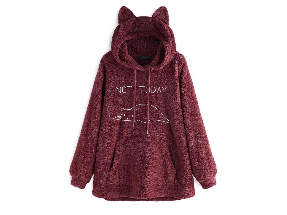Sudadera com Capuz Oversize com Orelhas de Gato para Mulher Inverno Plush Duas Faces Bordado Ulu L Vinho Tinto | S/MARCA