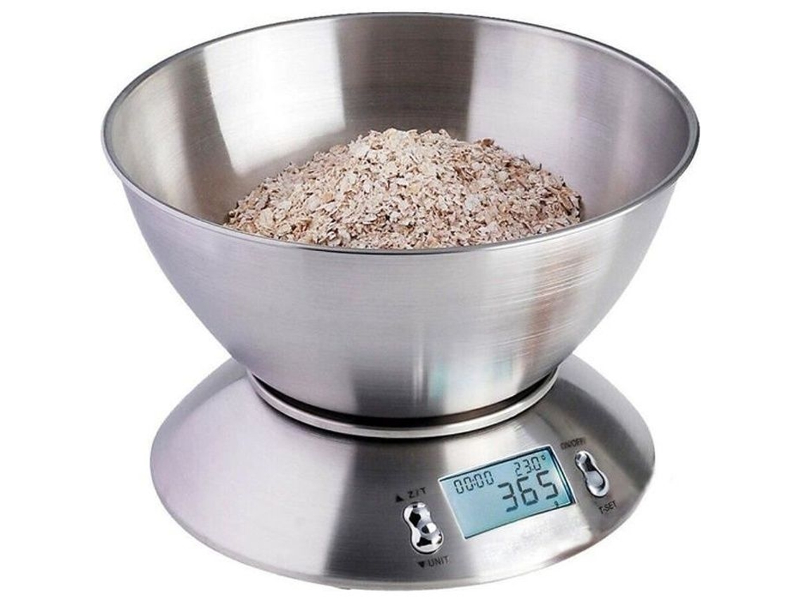 Balança de Cozinha em Aço Inoxidável 5 Kg/1 G com Tigela Removível 2,15 L, Visor Grande Retroiluminado, Função Tara Prateada AQUAFORGE