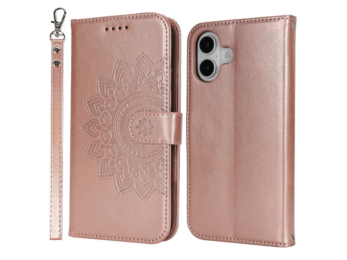 Capa Tipo Carteira De Couro Texturizado Com Suporte Para Iphone 16 Plus E Alça Em Ouro Rosa