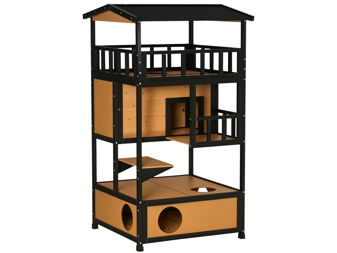 Casa para Gatos de Madeira 75,5x75x137 Cm Abrigo para Gatos com Telhado Asfáltico Plataformas e Ninho Natural pt