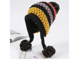 Boné de Inverno Feminino Peruano com Aberturas para Orelhas e 3 Pompons Linho de Peluche Preto