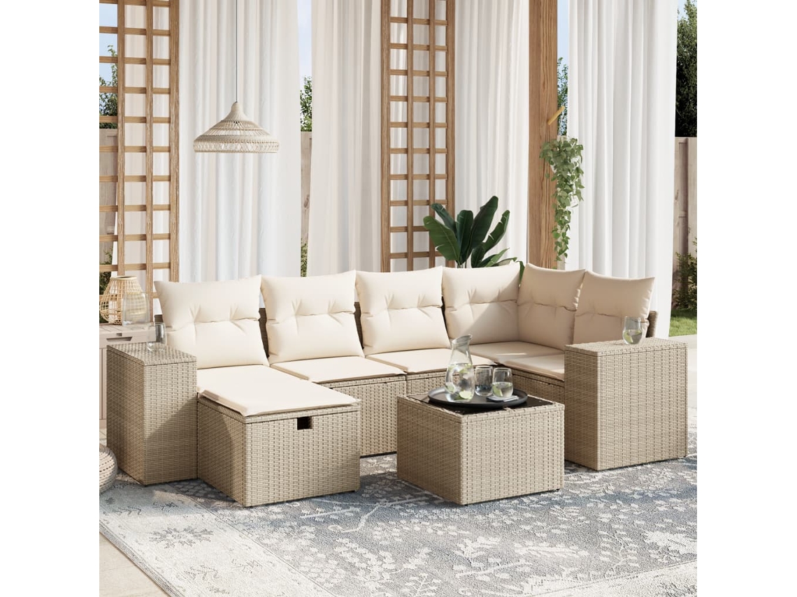 Vidaxl 7 Pcs Conjunto De Sofás P/ Jardim Com Almofadões Vime Pe Bege