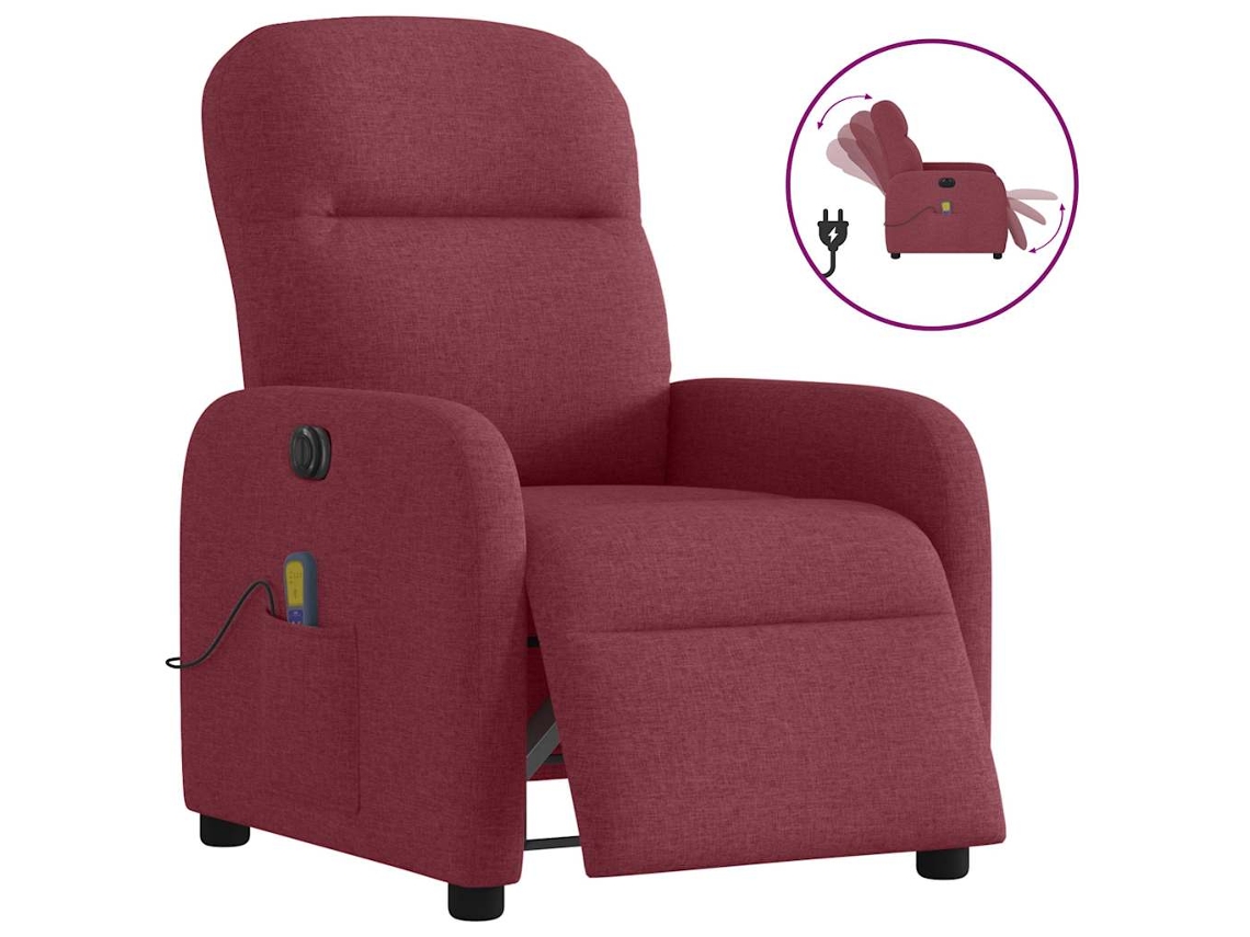 Vidaxl Poltrona Reclinável De Massagens Elétrica Tecido Vermelho Tinto