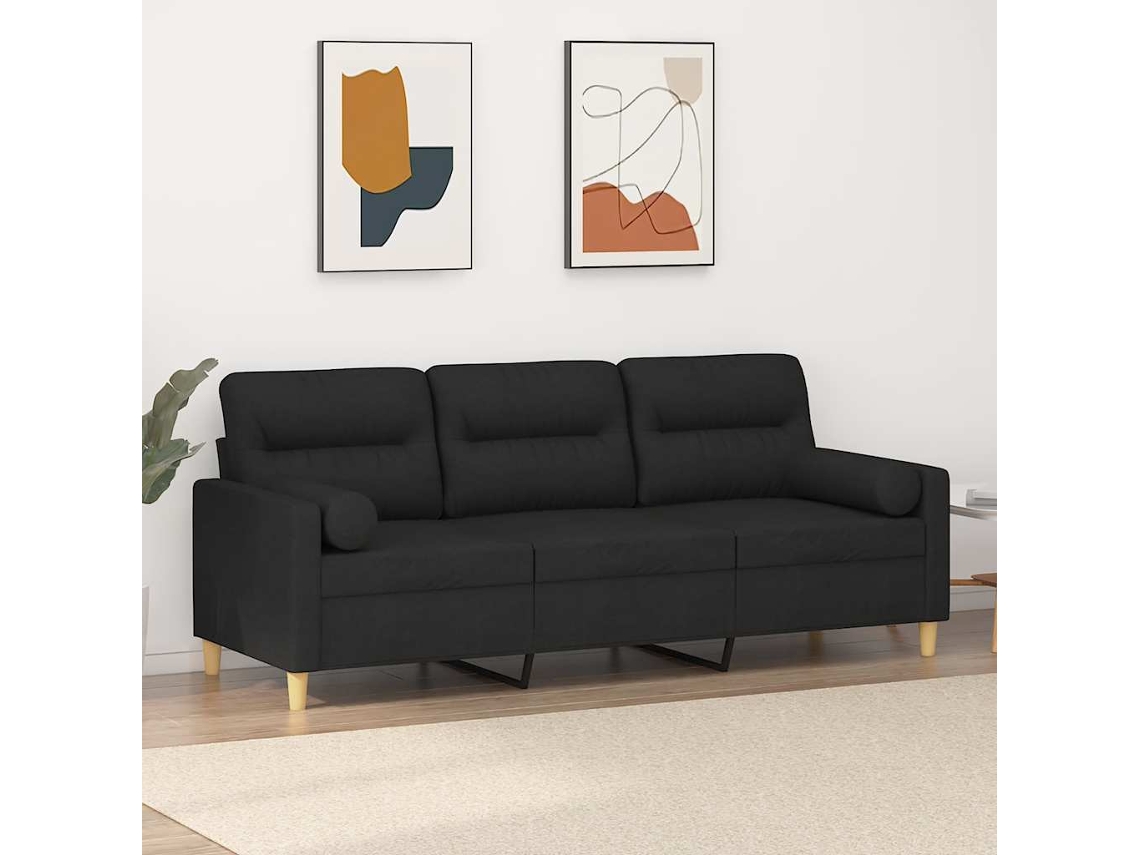 Vidaxl Sofá 3 Lugares + Almofadas Decorativas 180 Cm Tecido Preto