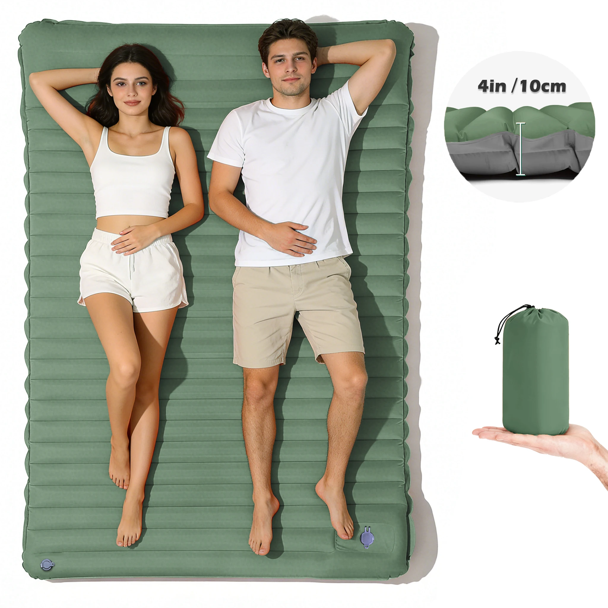 (verde) Colchão Inflável De Camada Dupla De 10 Cm (4 Polegadas), Infla Rapidamente, Portátil, Ideal Para Caminhadas.